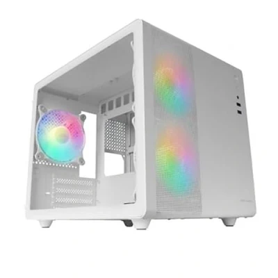 Image de Mars Gaming MC 400 Blanc, Boîtier Compact Micro ATX, Fenêtre Latérale Complète Verre Trempé, 3x Ventilateurs FRGB 120mm, Panneau Latéral Mesh