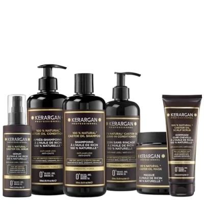 Image de Kerargan Kit Complet Anti Chute à l&#039;Huile de Ricin Pour Cheveux Secs, Cassants, Dévitalisés Favorise la Croissance Sans Sulfate, Paraben, Silicone 3x500ml+100ml+350ml+250ml