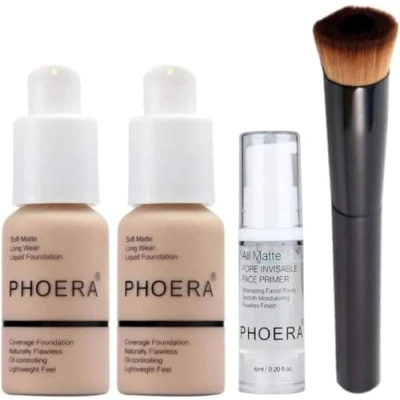 Image de Glamza Phoera Set de Maquillage Complet Comprend x2 Fond Teint Mat Nude 30ml, Base 6ml &amp; Pinceau à pour Application Facile Beige