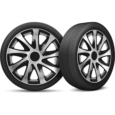 Image de Moltico Enjoliveur Set de 4 Universel Enjoliveurs Adapté à Toutes Roues en Acier pour Auto Anneau Sécurité Réglable 13 Pouces Noir Argent