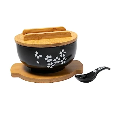Image de lachineuse Grand Bol Asiatique en Porcelaine Soupe &amp; Nouilles Teinte Noire ⌀ 16 cm Style Japonais Sakura Contenance 1000 ml Cuillère, Baguettes Support Déco Cadeau Vaisselle Japonaise