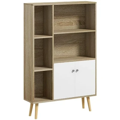 Image de HOMCOM Bibliothèque scandinave Meuble de Rangement dim. 80L x 23,5l 123H cm 5 niches Placard 2 Portes Pieds effilés inclinés Bois Massif Chêne