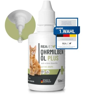 Image de ReaVET Huile d&#039;acariens Plus 50 ML Remède Efficace immédiat pour Chats Contre Les acariens à la Camomille Chat Soin Doux démangeaisons dans l&#039;oreille, Gouttes Auriculaires