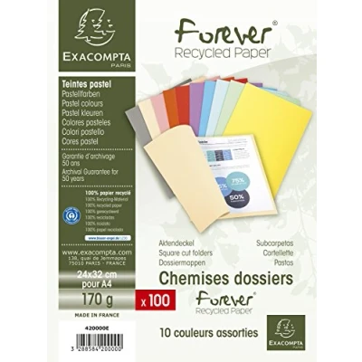 Image de Exacompta Réf. 420000E Paquet de 100 chemises semi rigides Forever® 170 g/m2 100% recyclées et certifiées Ange Bleu dimensions 24 x 32 cm pour format A4 10 couleurs assorties