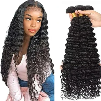 Image de Tuheerst Deep Wave Human Hair Bundles Tissage Bresilien en lot Cheveux Humain Natural Black Extensions 3 Naturels Double Weft Remy 18 Pouce