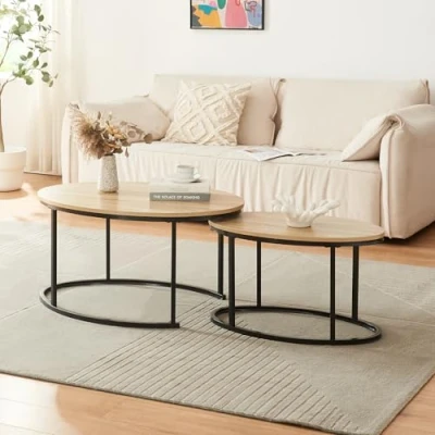 Image de [en.casa] Lot de 2 Tables Basses Gigognes Ensemble d&#039;Appoint Tailles Différentes Plateaux Ovales Design Industriel Panneau Particules Acier Effet Chêne Noir