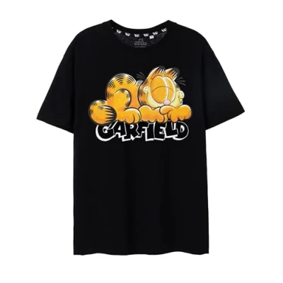 Image de Garfield T Shirt Noir à Manches Courtes Sleeping Men Adoptez des Vibrations détendues avec Un Salon Classique dans Le Confort Alors Que l’emblématique Snoozing met l’Ambiance