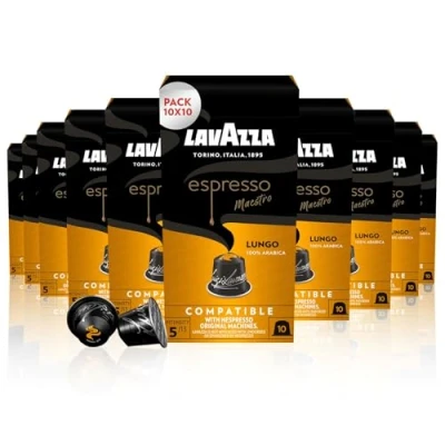 Image de Lavazza, Espresso Maestro Lungo, 100 Capsules Café Compatibles avec les Machines Nespresso Original, Notes de Fruits et Fleurs, 100% Arabica, Intensité 5/13, Torréfaction Légère, 10 Paquets