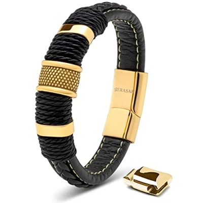 Image de SERASAR Bracelet Magnetique Homme Or 17cm Cuir Acier Inoxydable Tissé Réglable Hommes Chaîne Tressé Accessoire Jeune Garcon Bijou Jewelry Luxe Cadeaux Saint Valentin Argent Large Classic