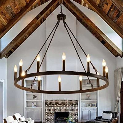 Image de Lustre de Roue Wagon à 12 lumières Farmhouse, plafonnier Moderne Noir 38 po avec chaîne réglable, éclairage Suspendu Industriel Rustique Rond pour Foyer Salon (12 lumières)