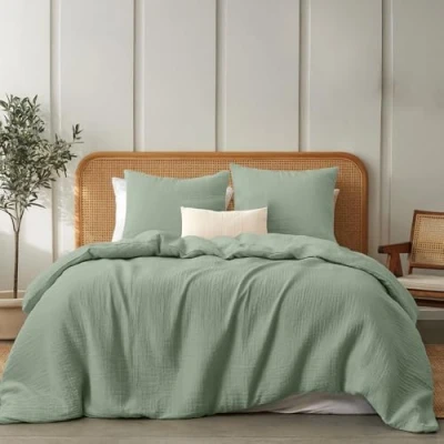 Image de Dreamzie Housse de Couette Gaze Coton 220x240 cm, Vert, avec 2 Taie Oreiller 80x80 Parure Lit Doux et Respirant Linge Certifié Oeko Tex