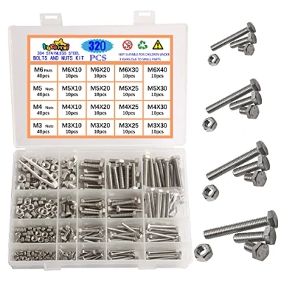 Image de huruirui Jeu d&#039;écrous et de boulons, boulons m3 M4 M5 M6, vis à tête hexagonale en acier inoxydable 304 kit avec boîte rangement 320pcs