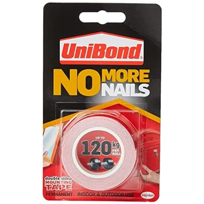 Image de UniBond No More Nails On A Roll, ruban adhésif double face pour un collage instantané fiable, polyvalent, bandes adhésives usage intérieur/extérieur, rouleau de 19 mm x 1,5 m