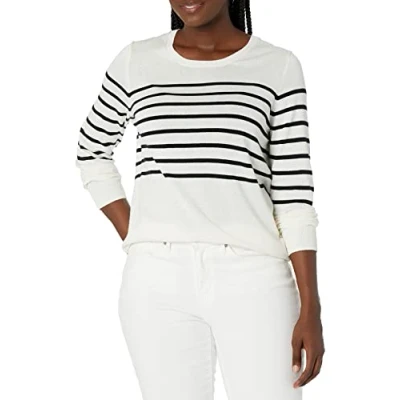Image de Amazon Essentials Pull Col Rond Léger À Manches Longues (Grandes Tailles Disponibles) Femme, Noir Blanc Motif Bandes, XL
