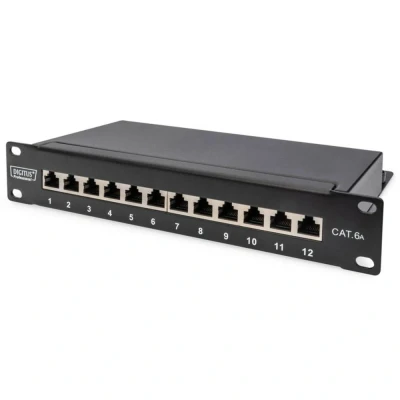 Image de DIGITUS Cat 6A panneau de brassage 12 ports RJ45 femelles montage en rack 10 pouces 1U distribution LSA blindé noir