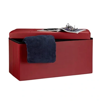 Image de Relaxdays Banc de rangement pratique en simili cuir, 2 places, capacité charge 300 kg, HLP : 38x76x38 cm, rouge foncé