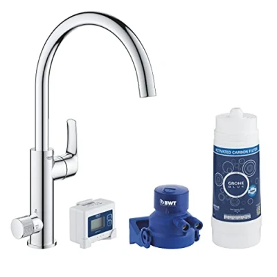 Image de GROHE Robinet de cuisine avec système filtration complet Blue Pure Eurosmart, filtre charbon actif, goût premium, bec en forme C, finition chromée, 30383000 (Import Allemagne)