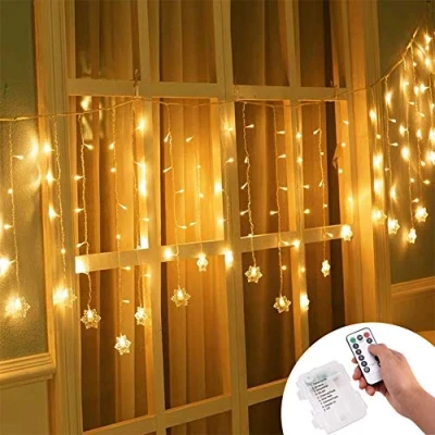Image de Klighten Rideau Lumière, Guirlande LED 3.5 * 0.65m, Alimenté par Piles, Guirlandes Lumineuses 8 Modes Dimmable avec Télécommande pour Mariage, Chambre, Fenêtre, Jardin, Terrasse, etc.(Blanc Chaud)