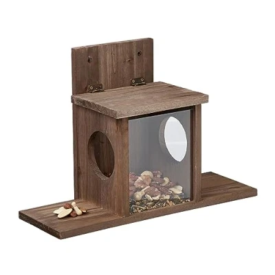 Image de Relaxdays Mangeoire pour écureuils, Distributeur de Nourriture, Bois, 2 entrées, Suspendre, Place sur Les côtés, Marron