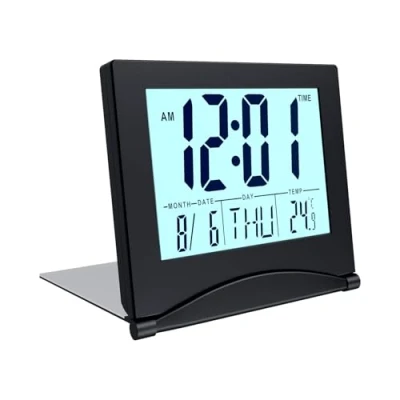 Image de MMOBIEL Horloge Numérique LCD Alarme de Voyage Plie avec Rétro éclairage Indication du Jour, Date et Température Digitale Bureau à Piles Noir