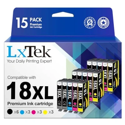 Image de LxTek Compatible Cartouches d&#039;encre Remplacement pour Epson 18XL Expression Home XP 322 215 205 225 305 325 422 405 415 425 315 (Noir Cyan Magenta Jaune, 15 Pack)