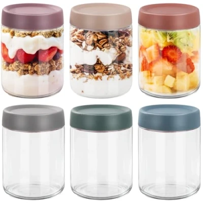 Image de FoiiLiio 6Pcs 500ml Overnight Oats Jars,Bocaux en Verre Réutilisables Avec Couvercles,Boîtes À Avoine de Nuit,rPot Yaourt Couvercle,Mason jar pour L&#039;Avoine,Salade,Pudding,Confiture