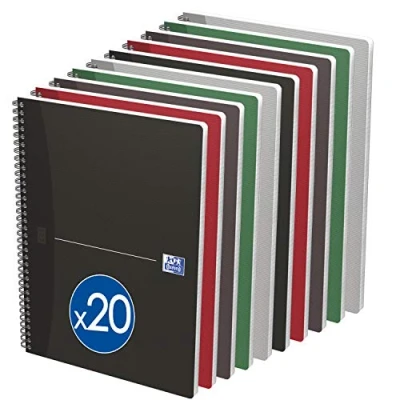 Image de OXFORD Lot de 20 Cahiers Office Essentials A4 Petits Carreaux 5mm 180 Pages Reliure Intégrale Couverture Carte Coloris Assortis