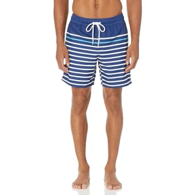Image de Amazon Essentials Short de Bain à Séchage Rapide Entrejambe 18 cm couleurs abandonnées Homme, Bleu Foncé Rayures, S