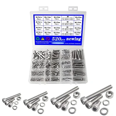 Image de newlng 520pcs M3 M4 M5 M6 Jeu de Boulon et écrous Vis à tête Cylindrique Six Pans Creux en Acier Inoxydable Bouton Hexagonale Socket 304 Boulons avec Rondelles Assortiment Kit