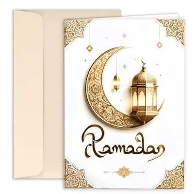 Image de Lot de 10 Cartes pliantes Ramadan Kareem avec enveloppe vœux Mubarak Eid remerciement Fête du sucre Lune Lanterne Blanc doré