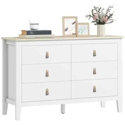 Image de HOMCOM Commode 6 tiroirs, Meuble de Rangement poignées en polyuréthane Style Moderne, Plateau Effet Bois, Chambre à Coucher, Salon, Couloir, 120 x 40 78 cm, Blanc