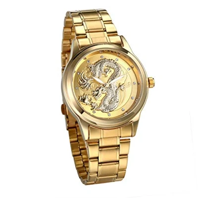 Image de JewelryWe Montre pour Homme et Femme Échelle de Diamant, Cadran décoratif Dragon en Trois Dimensions, Aiguilles Lumineuses, Bracelet Acier Inoxydable (Homme, Or)