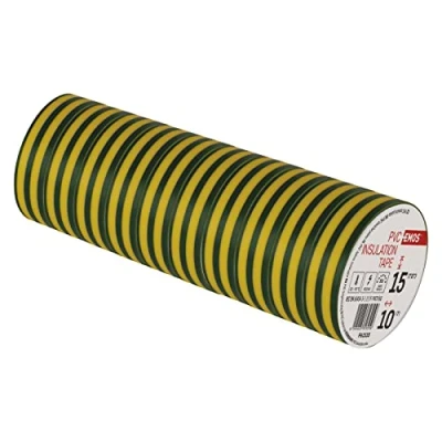Image de EMOS Lot de 10 rubans isolants en PVC jaune/vert 15 mm x m Épaisseur 0,13 Haute résistance à la tension et plage température d&#039;application Résistant aux UV Imperméable Sans