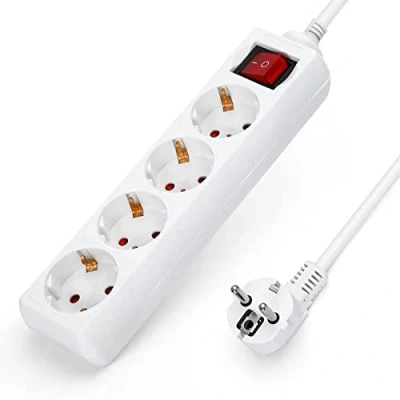 Image de Aigostar Multiprises 4 Prises Extension d&#039;alimentation de 1.5 Mètre Câble et Interrupteur Sécurité Enfant Blanc Prise Type Allemand