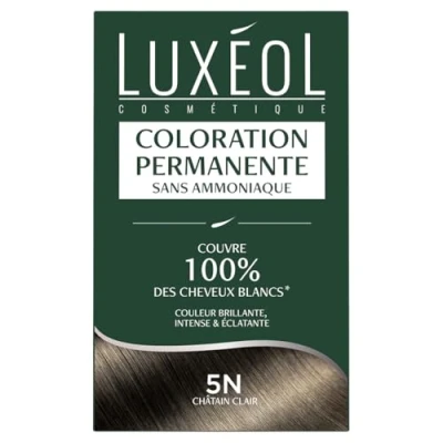 Image de LUXEOL Coloration Permanente 5N Châtain Clair Sans Ammoniaque Couvre 100% des Cheveux Blancs(1) Longue Durée(2) Couleur Lumineuse Éclatante Intense Testée &amp; Approuvée 60ml, 12ml