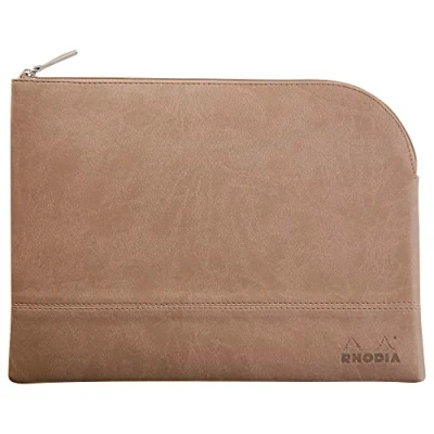 Image de RHODIA 116725C Pochette Zippée en Simili Cuir Taupe Taille L (21 x 28 cm) Coutures Véritables Intérieur Tissu Orange Rangement Documents, Petites Fournitures