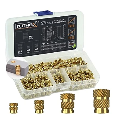 Image de ruthex Boîte M2 + M3 M4 M5 insert fileté 70 100 50 douilles filetées en laiton Écrou stable pour plastique Utilisable dans le imprimées 3D par chaleur ou ultrasons