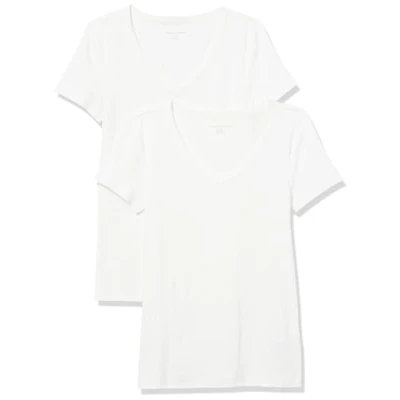 Image de Amazon Essentials T Shirt Col en v à Manches Courtes Coupe Ajustée Femme, Lot de 2, Blanc, M