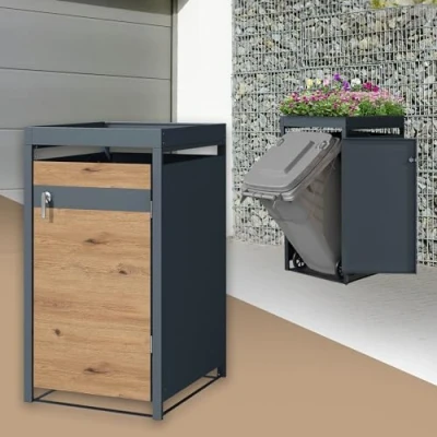 Image de ML Design Box pour 1 Poubelle avec Toit Végétal, jusqu&#039;à 240L, 68x80x124 cm, en Acier, Anthracite/Aspect Chêne, Résistant aux Intempéries, Habillage de Verrouillable, Conteneur Abri Hangar