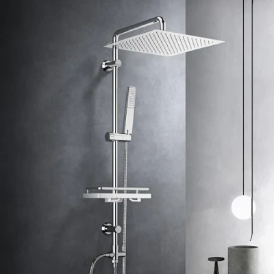 Image de Görbach Colonne de Douche Pluie Réglable en Hauteur Ensemble Mécaniques Murales Réglables ​Système avec Douchette Effet Pluie,Étagère et Tête INOX 30x30cm.