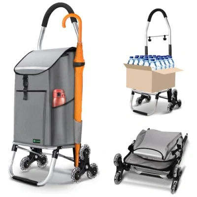 Image de VOUNOT Chariot de Courses 6 Roues en Aluminium avec Compartiment Impermeable Isotherme et Crochets Caddie Pliable 3 1 Sac Montant Escalier Gris