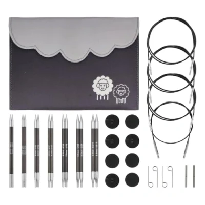 Image de KnitPro Karbonz Deluxe Ensemble d&#039;aiguilles à tricoter circulaires interchangeables (3,00, 3,50, 4,00, 4,50, 5,00, 5,50 et 6,00 mm), Argent/noir.