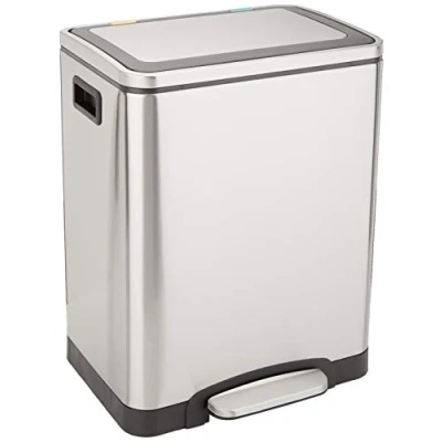 Image de Amazon Basics Poubelle 30 L avec deux compartiments et pédale en tube d&#039;acier fermeture amortie couvercle, pour cuisine, salle de bain ou bureau, rectangulaire, satinée, acier inoxydable