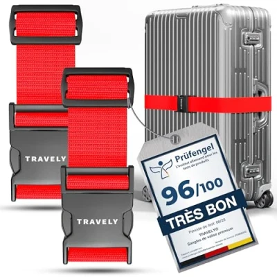 Image de Travely® Lot de 2 sangles valise qualité supérieure Particulièrement visibles et sûres Avec étiquettes nominatives Sangle idéale sur la croix Rouge