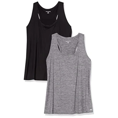 Image de Amazon Essentials Débardeur Tech Extensible À Dos Nageur (Disponible en Grande Taille) Femme, Lot de 2, Gris Foncé Teinture Spatiale/Noir, XL