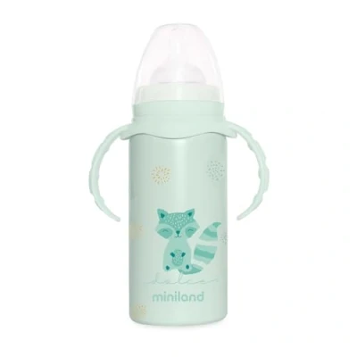 Image de Miniland Thermobaby Dolce Mint 240ml. Thermos en acier inoxydable avec tétine, double couche d&#039;acier, qui maintient la température de boisson froide et chaude pendant des heures.