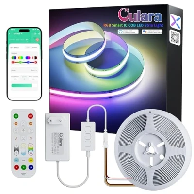 Image de OULARA RGB Smart IC COB LED Bande directionnable 6 m, 24 V multicolore flexible, jeu de ruban, fonction contrôleur WIFI avec Alexa, contrôle APP/mode musique pour décoration fête DIY