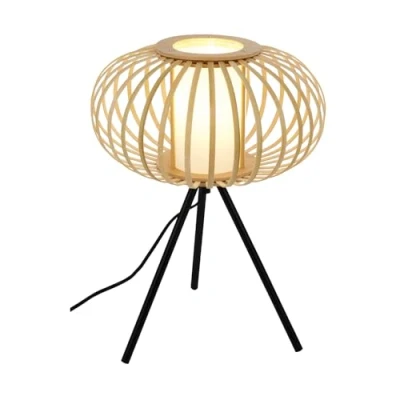 Image de BRILONER lampe de chevet en bambou, bureau bois, interrupteur à câble, lecture, boho, déco chambre, lampe, douille E27, 28x39,5 cm (DxH)