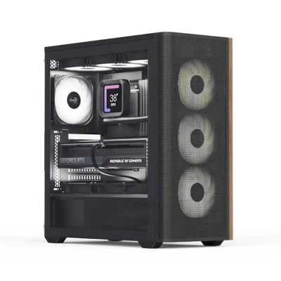 Image de AeroCool Boîtier de tour intermédiaire D501A, façade en maille accentuée bois, support radiateur 360 mm, 11 emplacements ventilateur, GPU 400 ATX/m ATX/Mini ITX, filtres à poussière