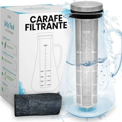 Image de ORINKO Kit de Purification d&#039;Eau : Binchotan et Carafe en Verre, Kishu Bio 40 g avec Filtrante 1,6 L, Charbon Actif Japonais pour Eau + E Book
